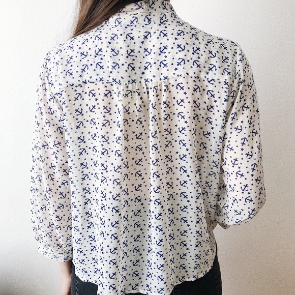 Anchor Nautical Print Tie Neck Button Up Blouse - Picture 3 of 3